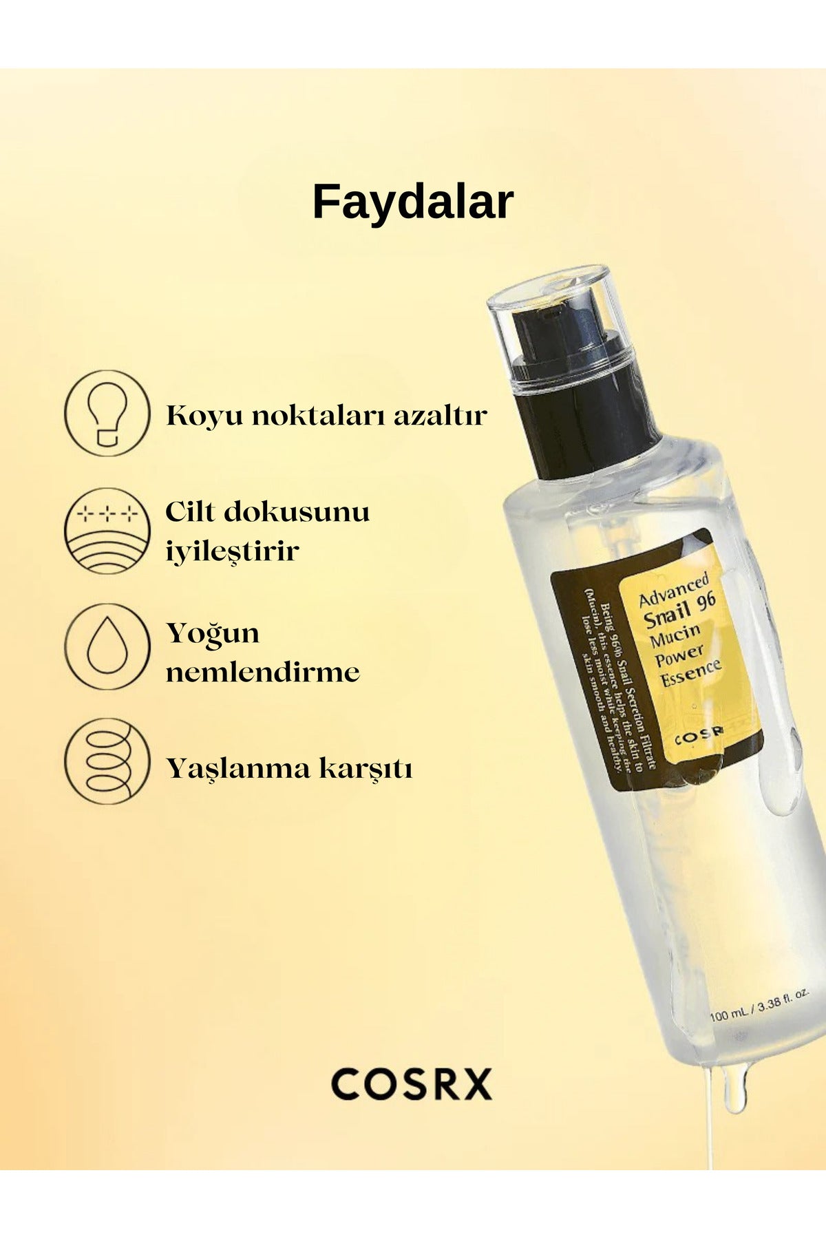 Salyangoz Özlü Nemlendirici Esans 100ml | COSRX Advanced Snail 96 Mucin Power Essence | Onarıcı Cilt Bakım